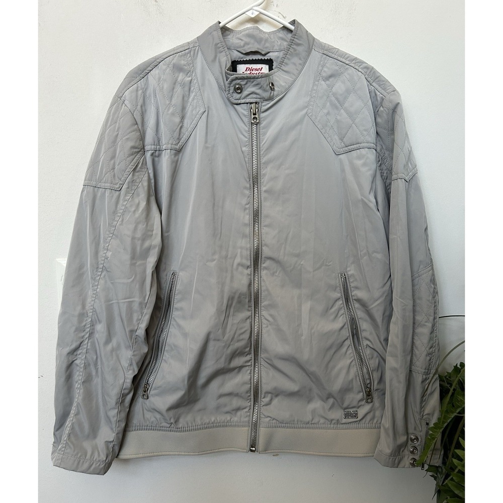 Vtg Diesel Mens Light Gray Bomber Jacket 2XL Y2K Quilt Shoulder Moto Cafe Racer
